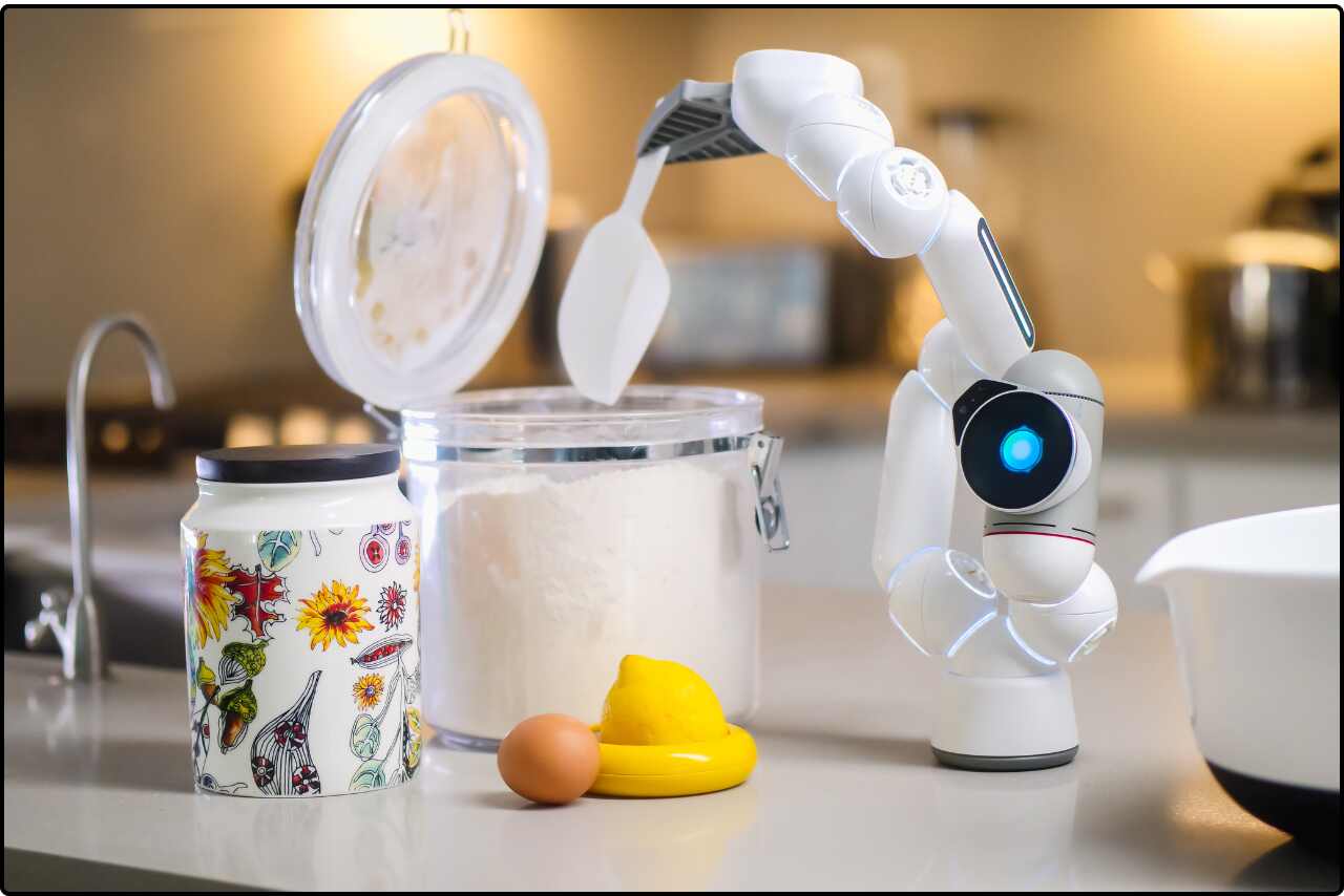 White and gray robot figurine standing next to a glass jar with white substance inside